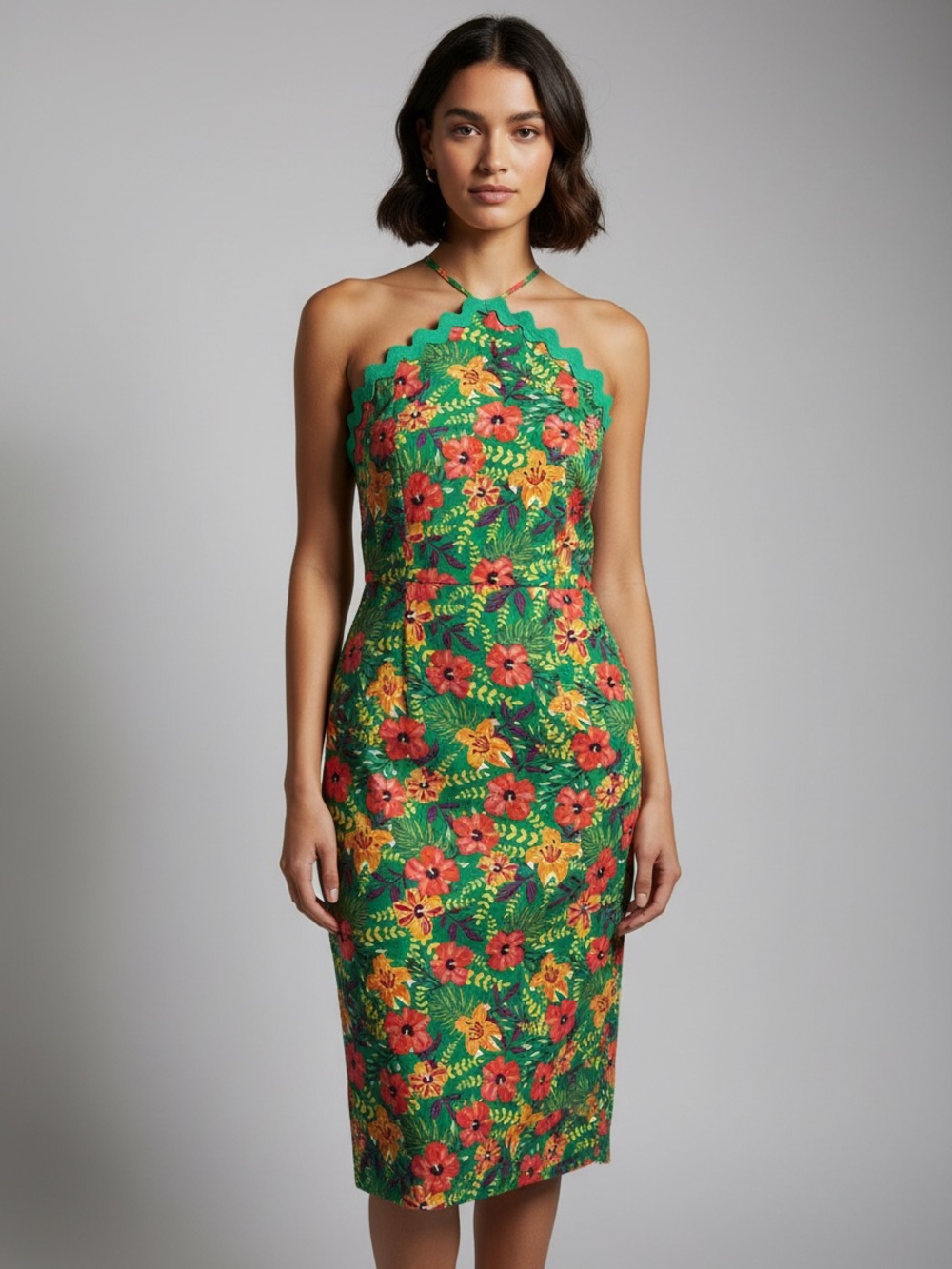 Vici Green Floral Halter Midi Dress with Scallop Trim and Lining Sz L
